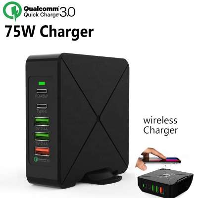 Tinderala PD 75W 5 Port Type USB C QC 3.0 Travel Fast Quick Qi Wireless Charger Charging Station for iphone Laptop MacBook iPad